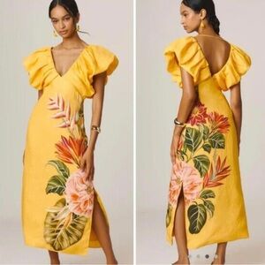 NWT FARM Rio Yellow Floral Midi spring awakening Dress, Sz small